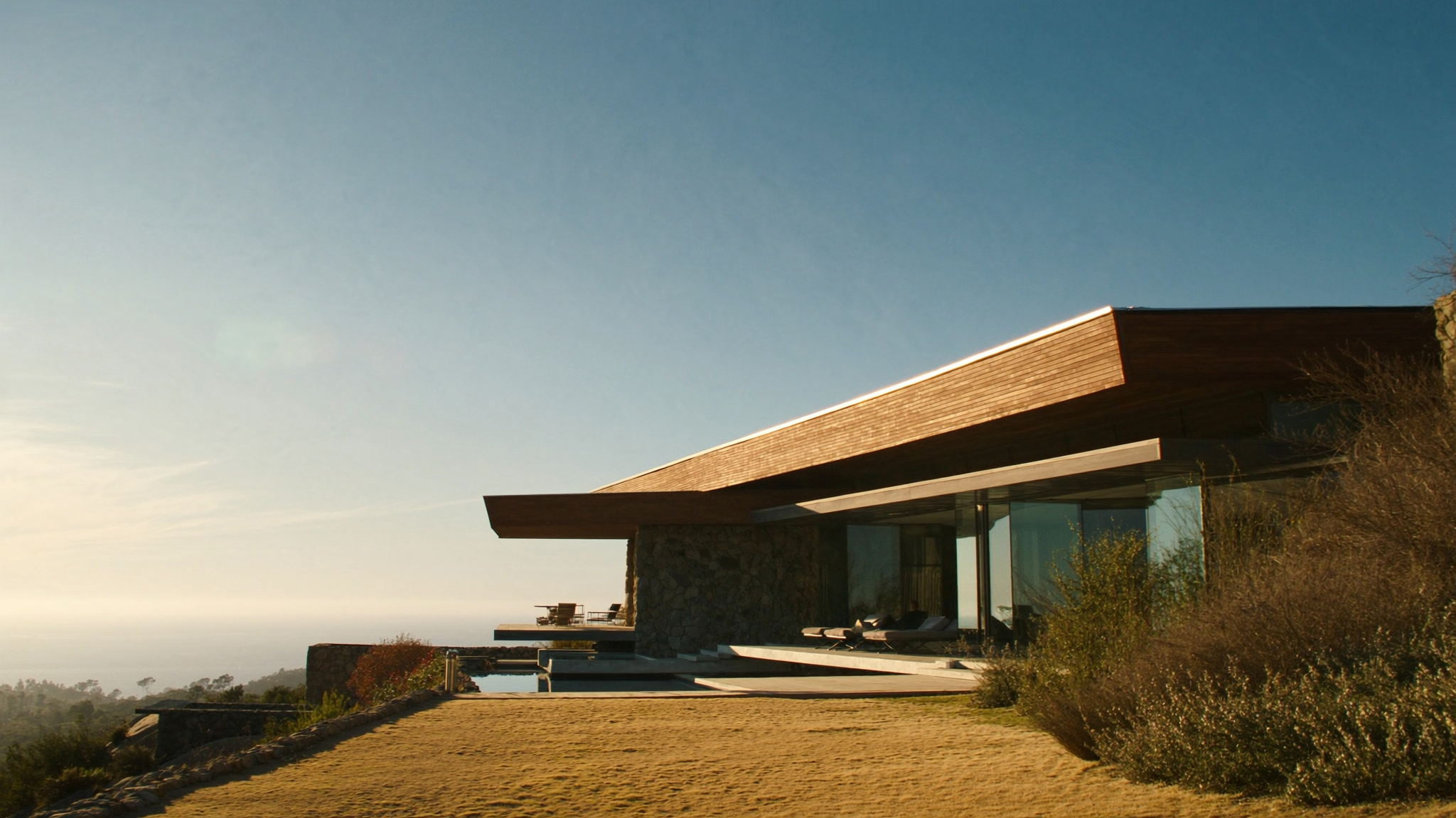 SkyPad exterior — organic California modern architecture at golden hour