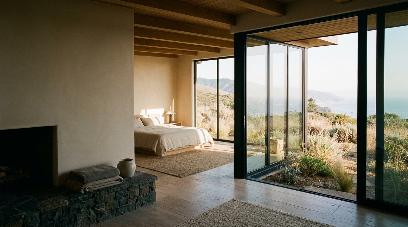 SkyPad primary suite — plaster fireplace wall beside a bed, glass wall opening to California hillside