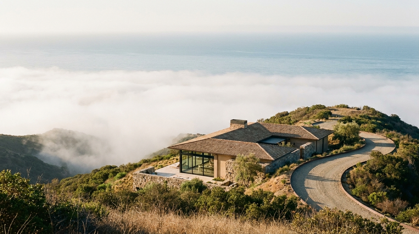 The ridge above Point Dume, the fog bank below it, and the private drive along the ridge line