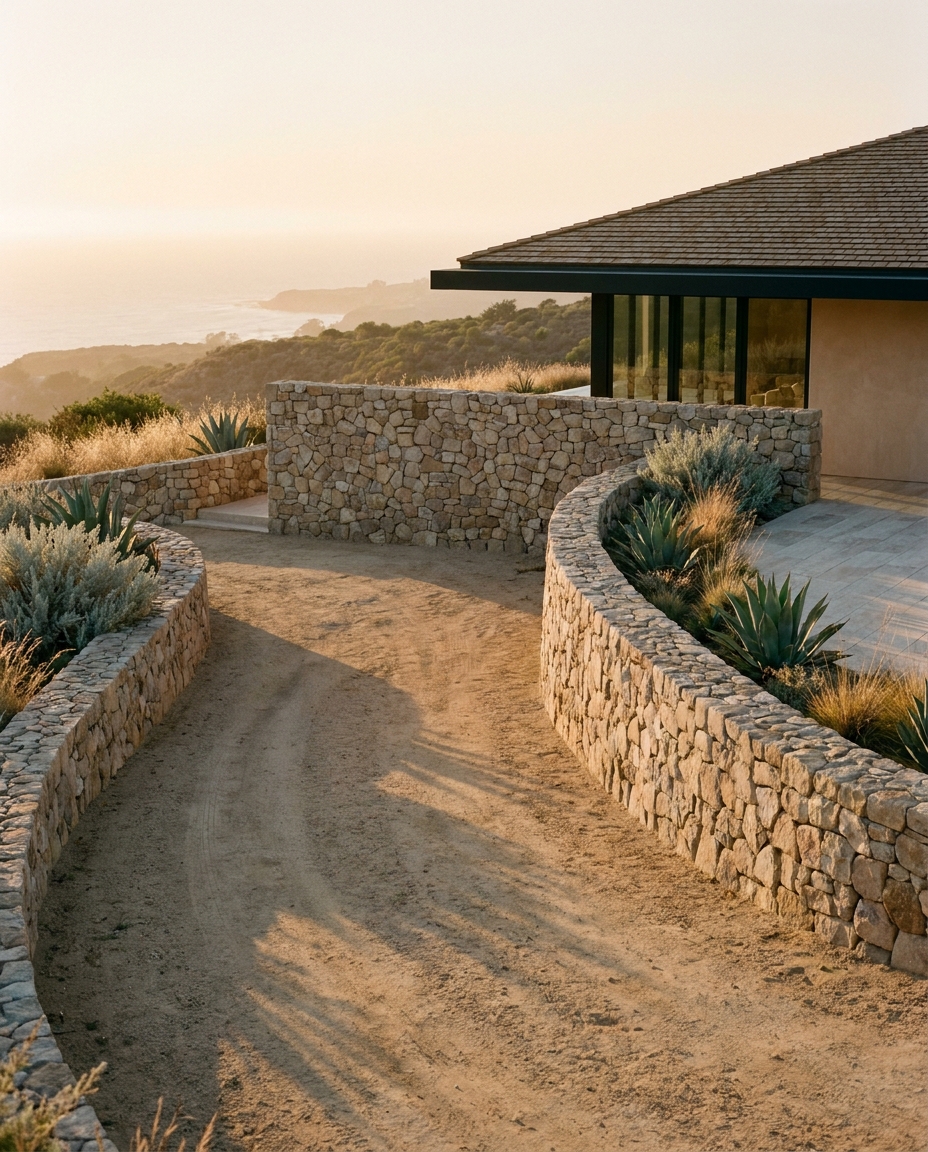 The motor court approach, set below grade, the house hidden above the retaining walls