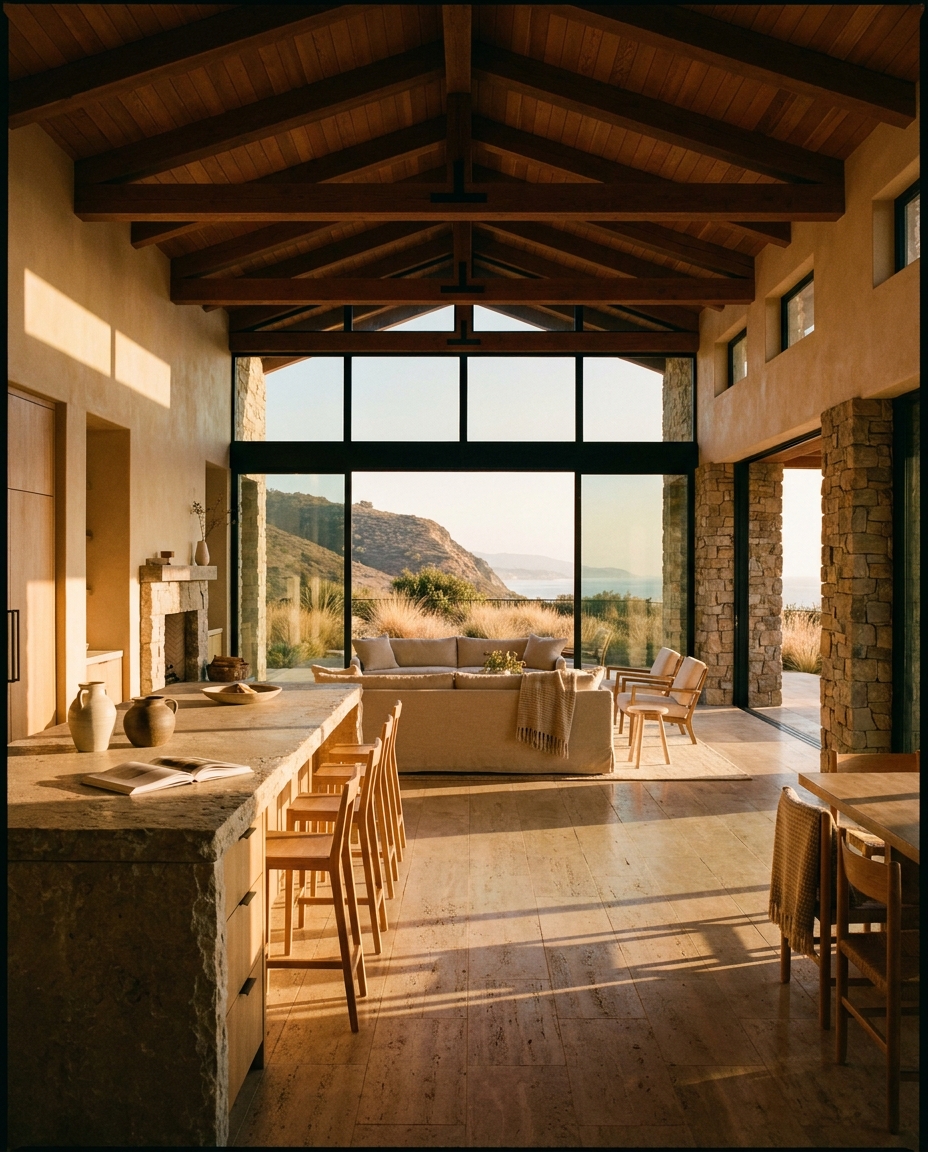 The great room — kitchen, living, and dining unbroken, facing the ridge through floor-to-ceiling glass