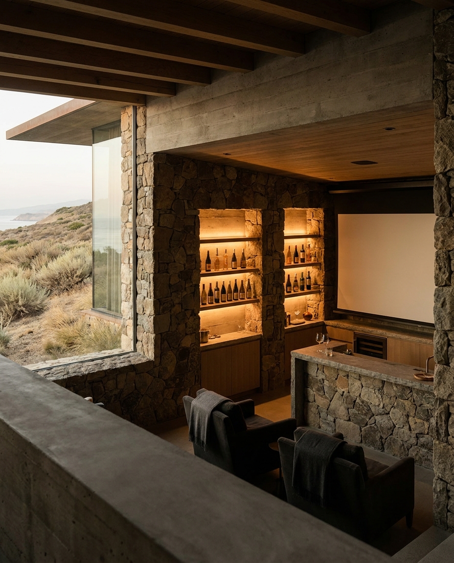 The lower level — a wine room and screening room cut into the hillside rock