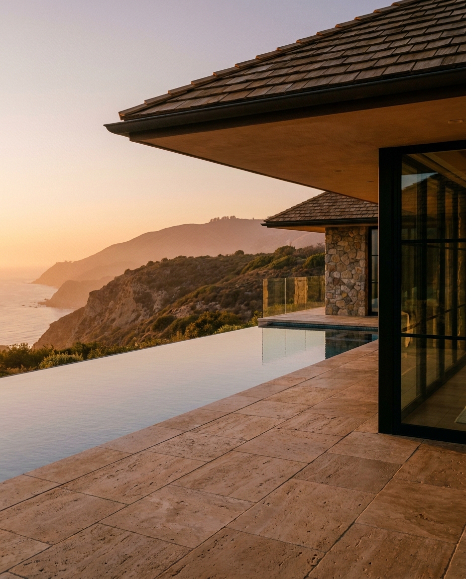 The pool terrace cantilevered past the hillside, its edge disappearing toward the coastline