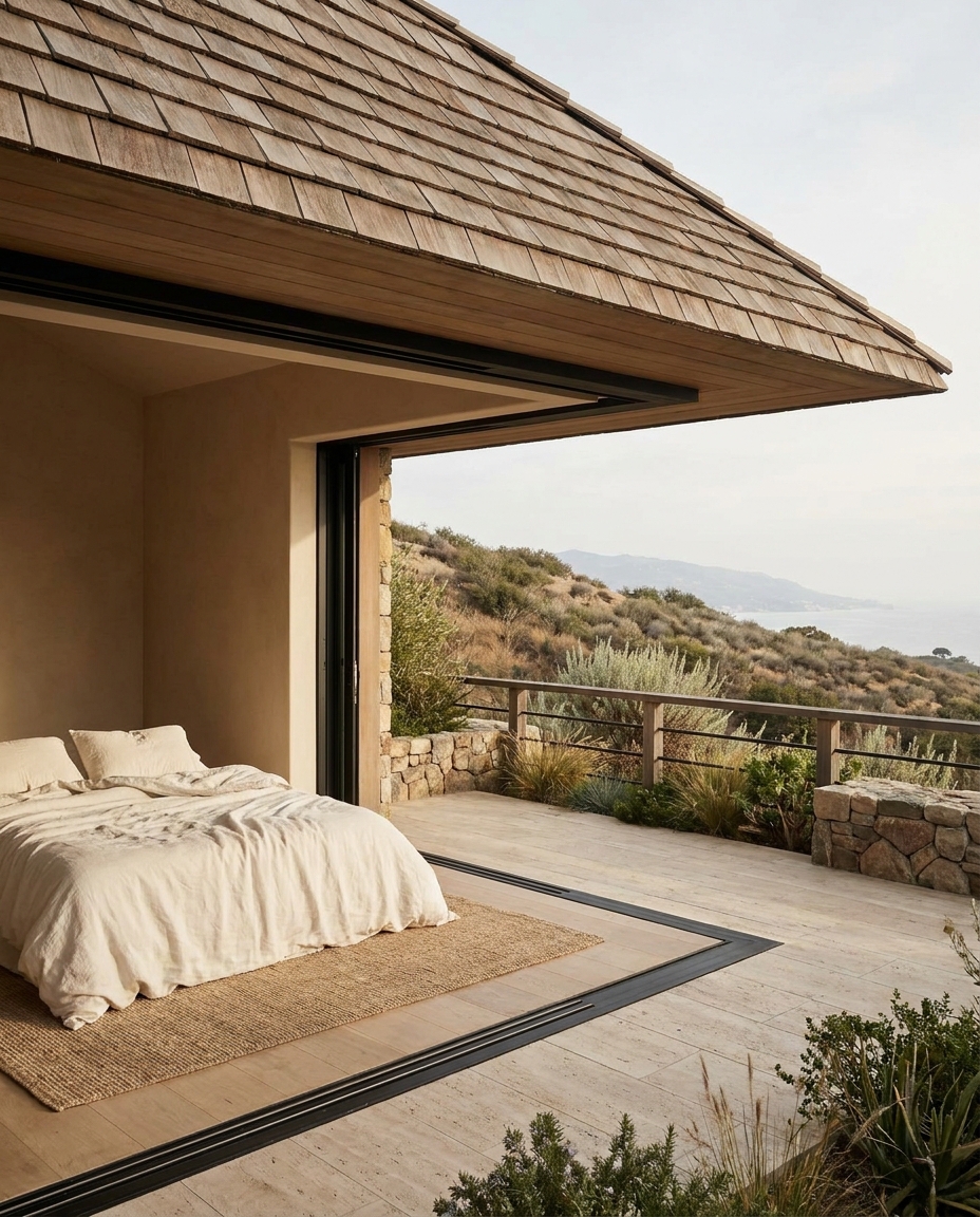 The primary suite, glass wall folded open to its own terrace